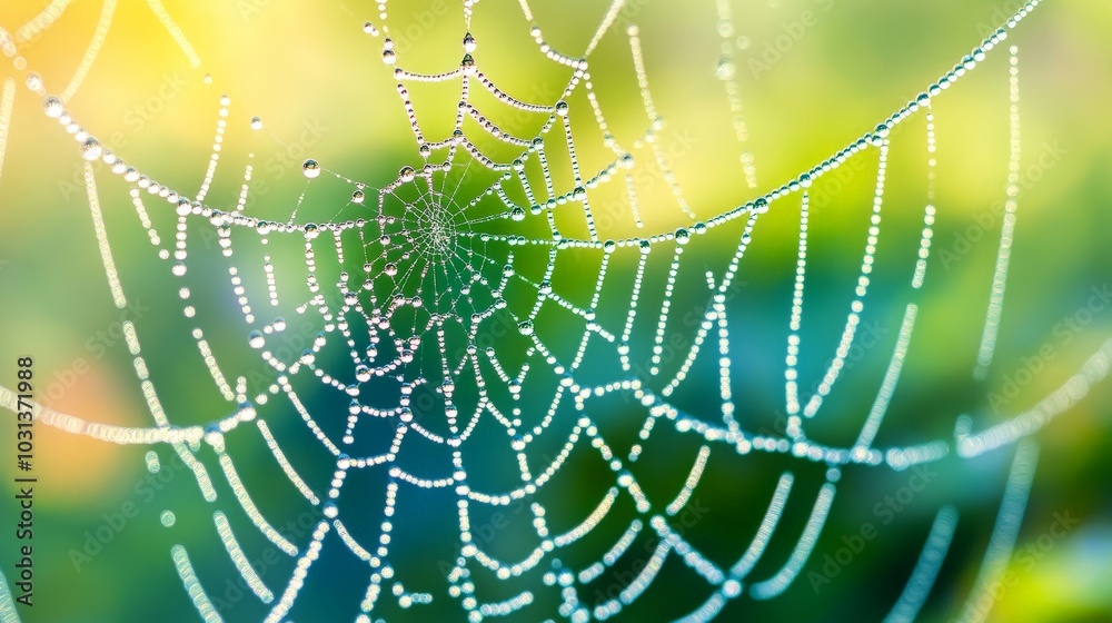 Naklejka premium A highly detailed macro shot of a dew-covered spider web, with every water droplet reflecting the surrounding environment, creating a sparkling effect.