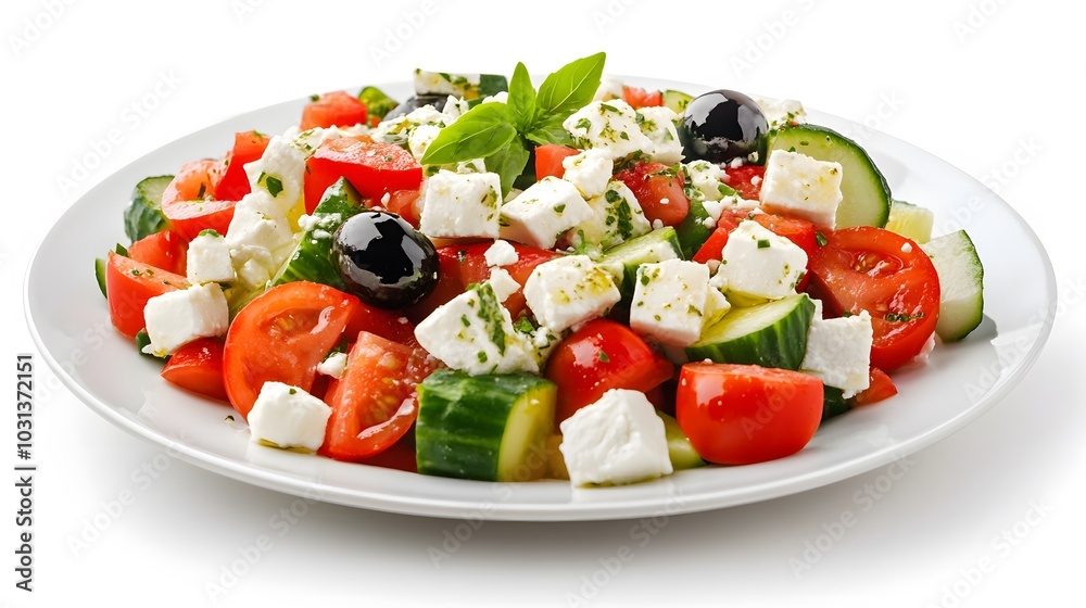 Fresh greek salad on a plate on white background. 