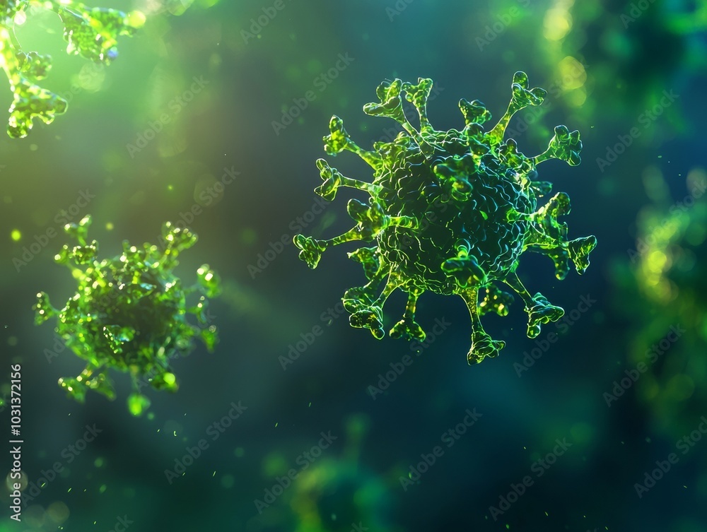 Green viral cells in motion under a microscope during a scientific study - ai Green viral cells in motion under a microscope during a scientific study - ai