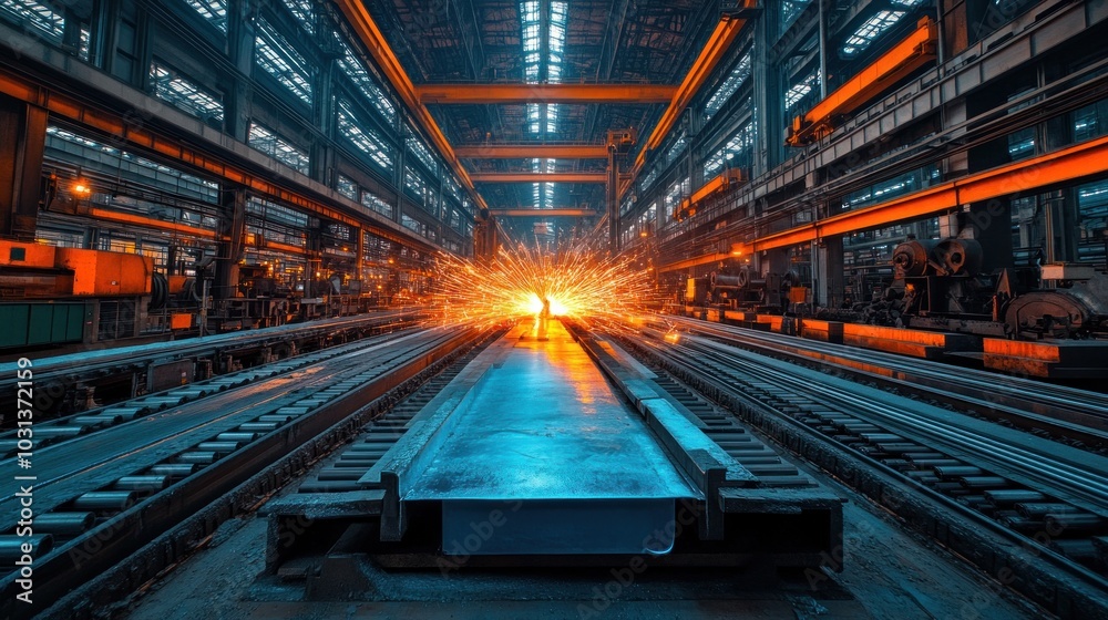 A vibrant industrial scene with sparks flying in a factory setting. A vibrant industrial scene with sparks flying in a factory setting.