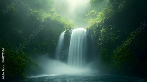 Serene waterfall surrounded...