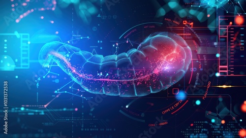 Pancreas testing results on digital interface in laboratory or surgical background, innovative technology in science and medicine concept. medical technology