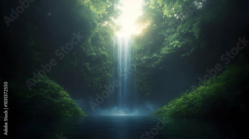A serene waterfall surround...