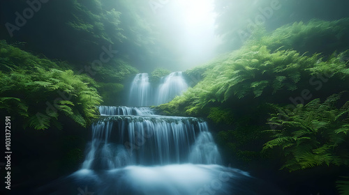 Serene waterfall cascading ...