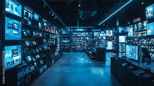 A modern electronics store with blue lighting and shelves full of products.