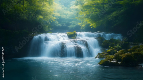Serene waterfall cascading ...