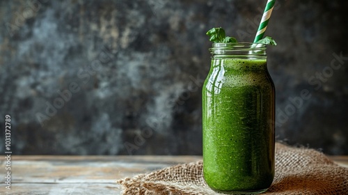 Refreshing Green Smoothie in Glass Jar with Straw