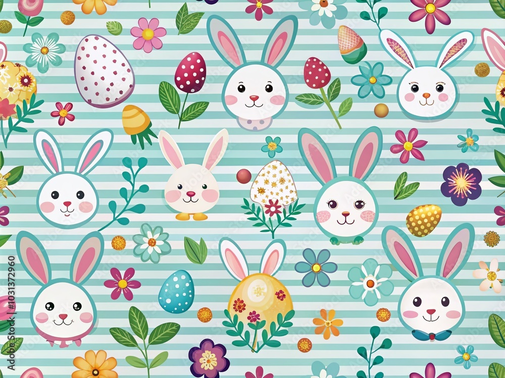 Easter Seamless Pattern with Rabbits, Flowers, and Eggs on Striped Background for Spring Celebrations Easter Seamless Pattern with Rabbits, Flowers, and Eggs on Striped Background for Spring Celebrations