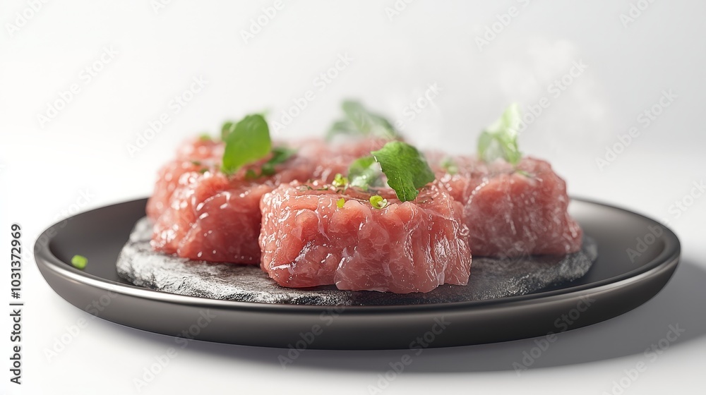 A 3D cartoon-style illustration of tuna tartare, arranged on a sizzling rock plate with gentle steam rising, clean minimalist white background, deep depth of field for an elegant visual focus. A 3D cartoon-style illustration of tuna tartare, arranged on a sizzling rock plate with gentle steam rising, clean minimalist white background, deep depth of field for an elegant visual focus.
