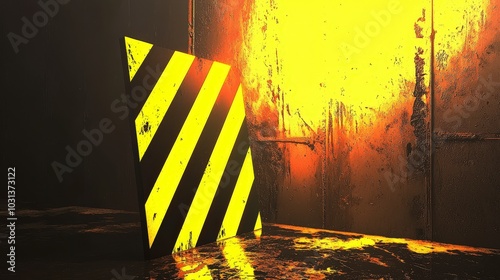 Abstract artwork featuring yellow and black safety stripes against a glowing background photo