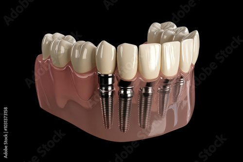 Dental implants in top row of teeth: close-up view showcasing natural-looking replacement teeth anchored securely in place, enhancing smile and oral health.