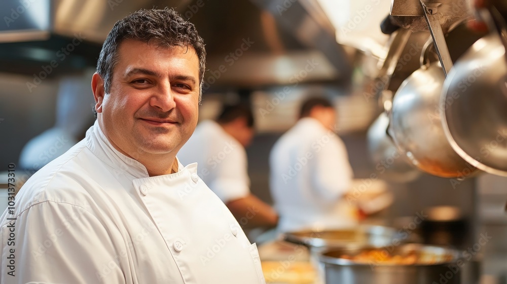 A chef in his mid-40s, slightly overweight, wearing a classic white uniform, standing proudly in the middle of a busy kitchen, pots and pans visible in the background. A chef in his mid-40s, slightly overweight, wearing a classic white uniform, standing proudly in the middle of a busy kitchen, pots and pans visible in the background.