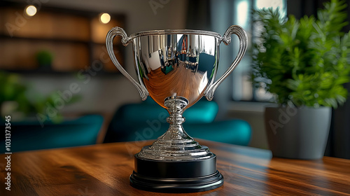 A shiny trophy displayed on...