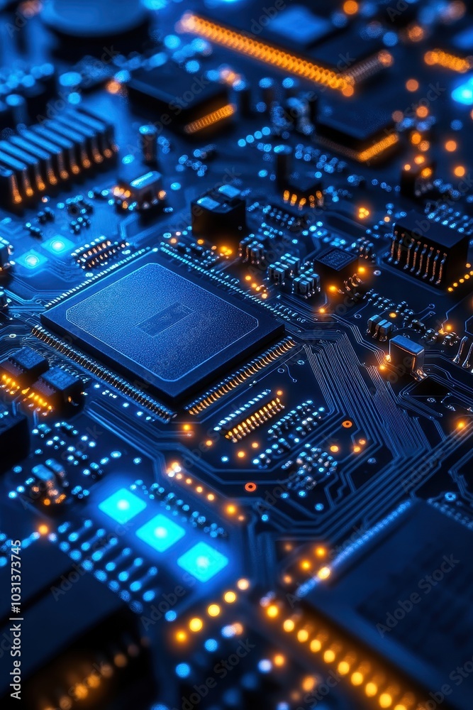 Close-Up of a Modern Blue Circuit Board with Glowing Orange and Blue Lights in a Futuristic Technology Setting Close-Up of a Modern Blue Circuit Board with Glowing Orange and Blue Lights in a Futuristic Technology Setting