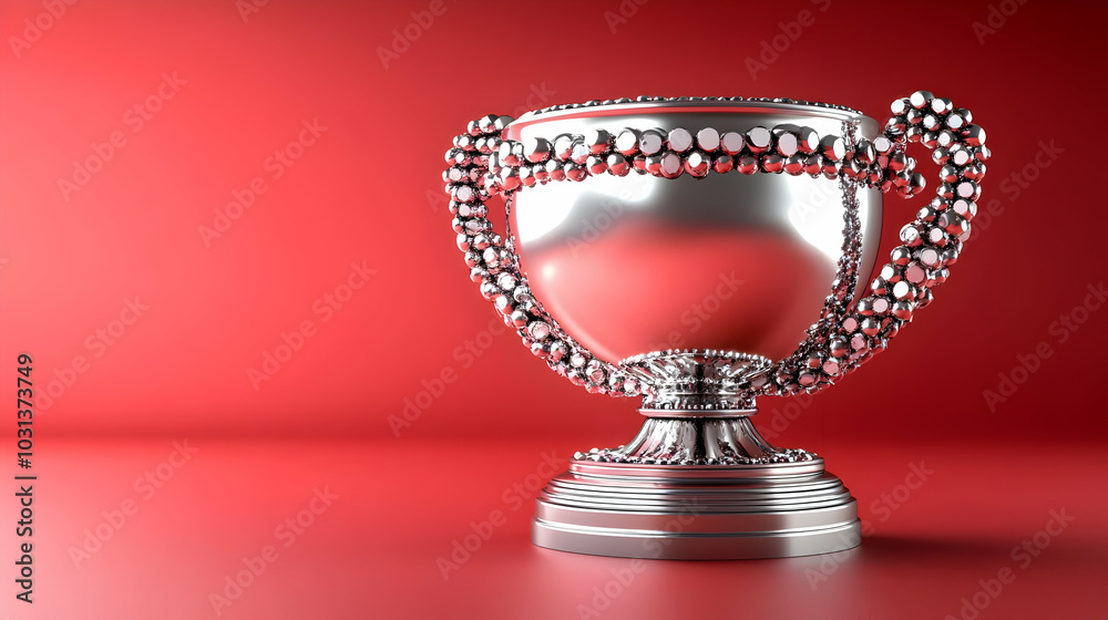A shiny silver trophy with decorative elements on a red background. A shiny silver trophy with decorative elements on a red background.