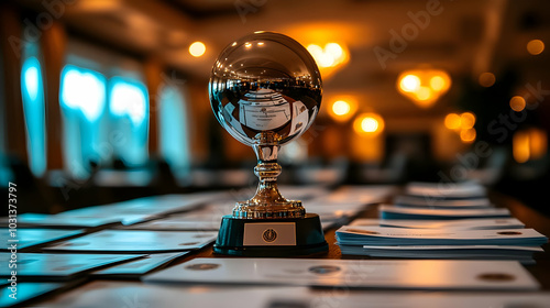 A trophy on a table surroun...