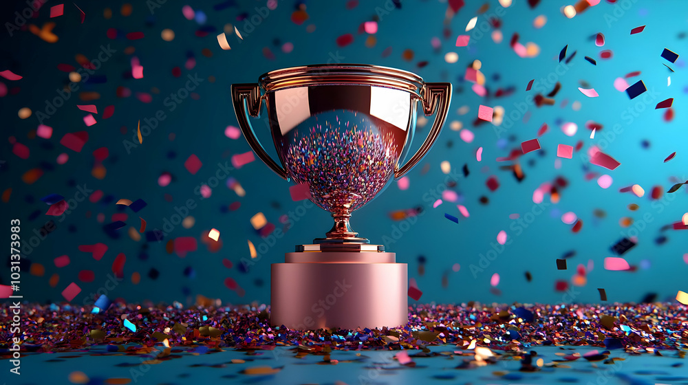 A trophy with colorful confetti celebrating achievement.