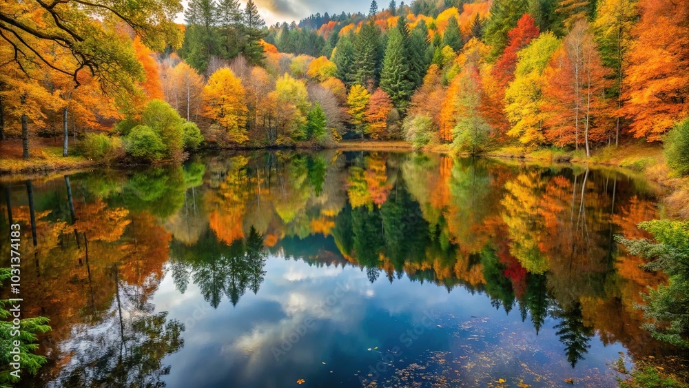 Autumn forest lake reflection with blue sky Autumn forest lake reflection with blue sky