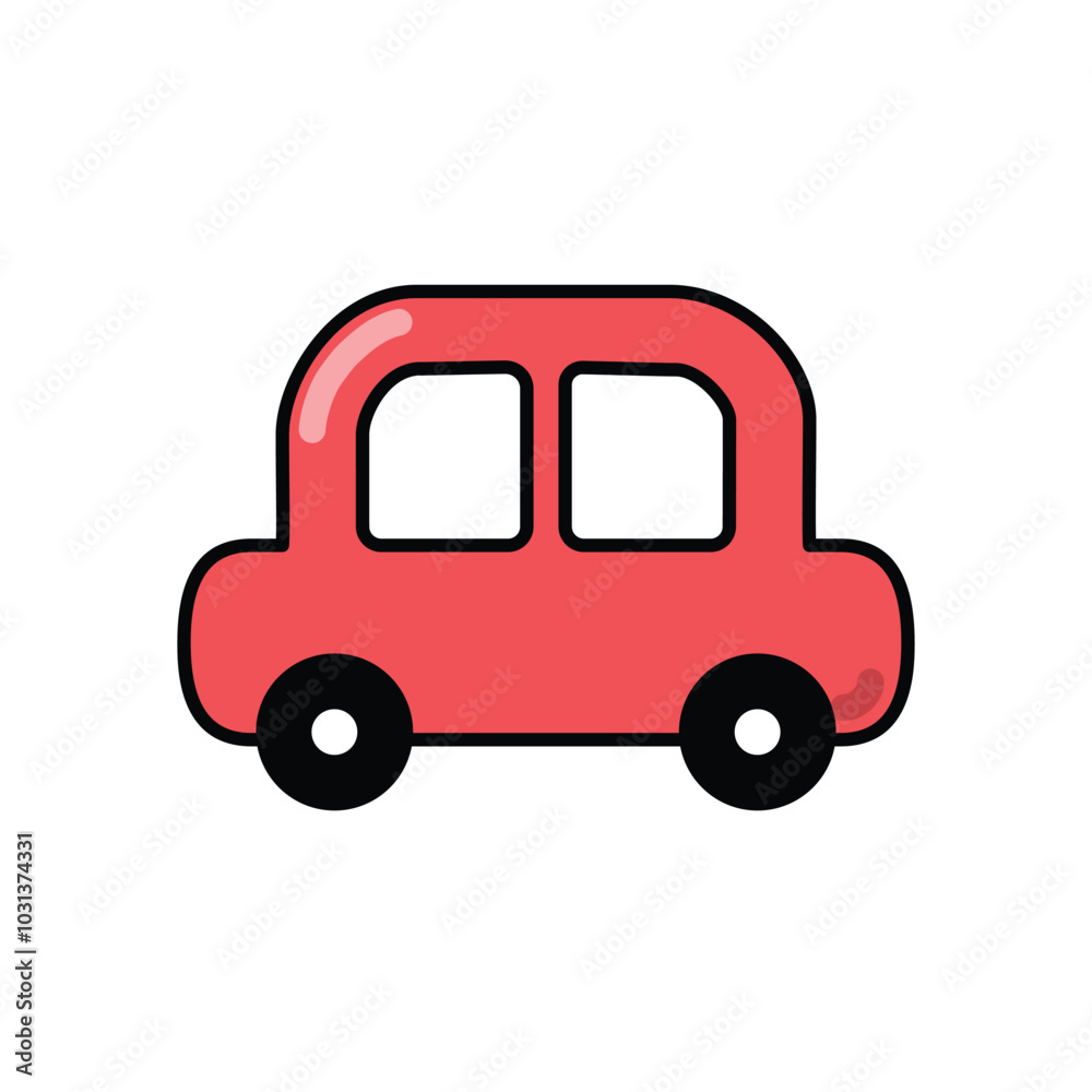 Cute cartoon red car icon isolated on a white background, shown in side view. Vector illustration. Cute cartoon red car icon isolated on a white background, shown in side view. Vector illustration.