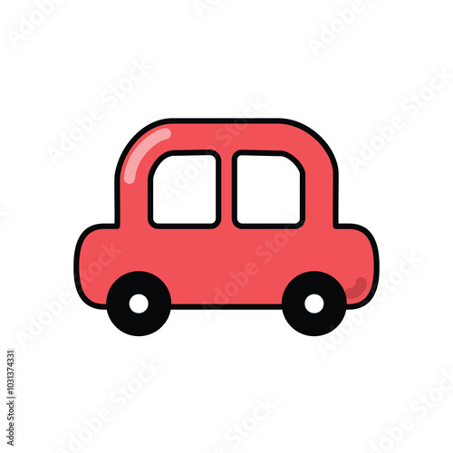 Cute cartoon red car icon isolated on a white background, shown in side view. Vector illustration.