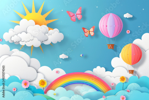 Beautiful fluffy clouds on blue sky background with summer sun