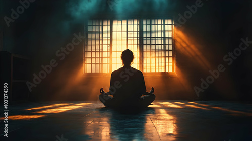 A silhouette meditates in a...