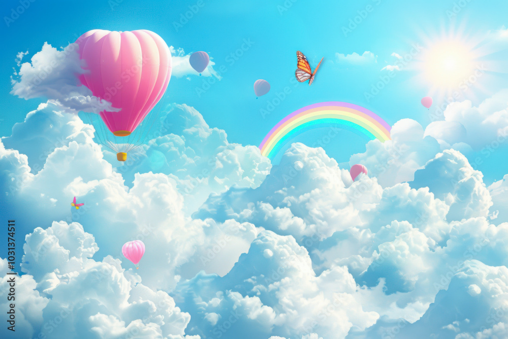 Obraz premium Beautiful fluffy clouds on blue sky background with summer sun