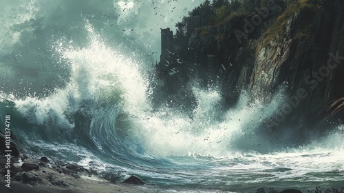 A powerful tidal wave impacting the shore, with water exploding upwards as it crashes into a cliffside, capturing the immense force of nature.