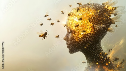 A hyper-detailed figure with a glowing honeycomb texture, bees circling around, and an intricate organic design flowing from head to body, in a soft-focus background