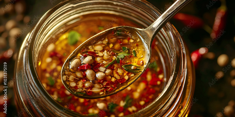 A close up of the sauce in an open jar, with some on one end of a spoon, generative AI A close up of the sauce in an open jar, with some on one end of a spoon, generative AI