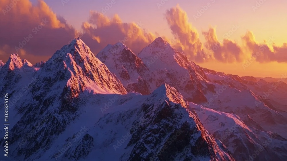 A realistic image of a mountain range during sunset, with rich colors in the sky and shadows forming on the rocky peaks below. A realistic image of a mountain range during sunset, with rich colors in the sky and shadows forming on the rocky peaks below.