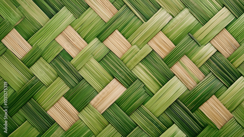 A close-up photo of a woven pattern with alternating green and brown strands.  photo