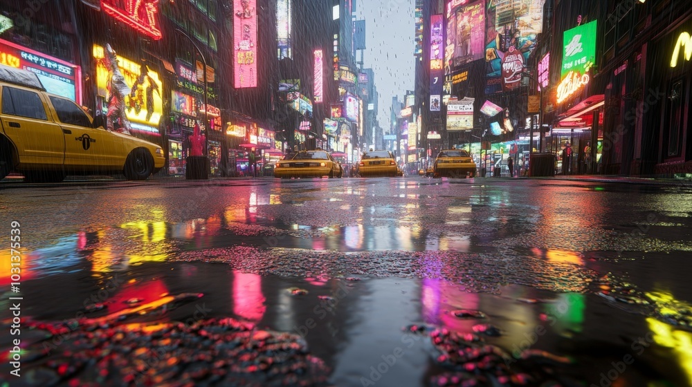 A realistic rendering of a city street after the rain, with puddles reflecting neon lights from surrounding buildings and vehicles passing by.