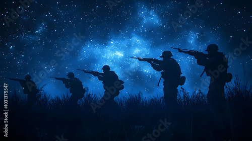 Silhouetted soldiers agains...