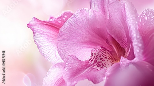 Close-up of a pink orchid flower with water droplets.