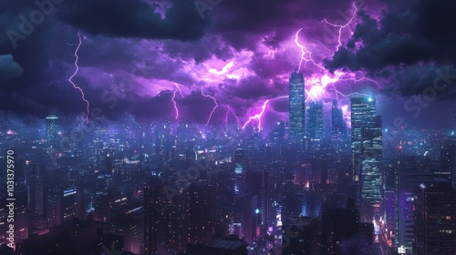 A panoramic view of a city at night, lit up by flashes of purple lightning, with the storm clouds creating a surreal atmosphere above the buildings.