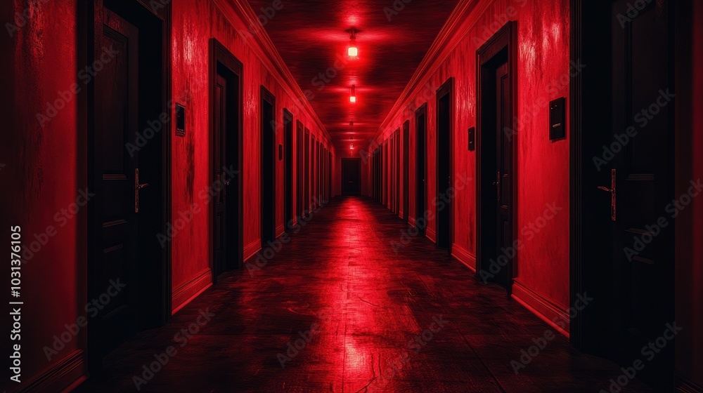 Eerie Red Corridor with Closed Doors and Dim Lighting Creating a Mysterious and Haunting Atmosphere Eerie Red Corridor with Closed Doors and Dim Lighting Creating a Mysterious and Haunting Atmosphere