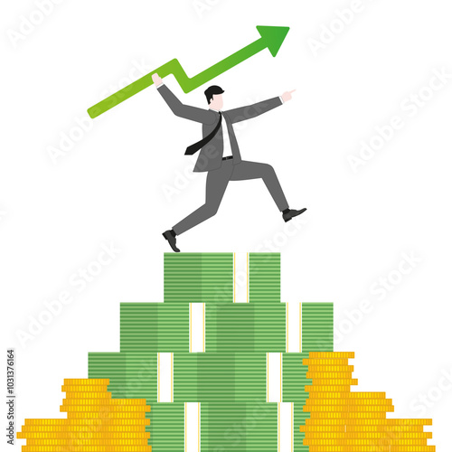 A businessman aiming and throwing a green arrow like a javelin on money stack. Growth, investment, financial success, business ambition, market opportunity, target goal, and wealth strategy