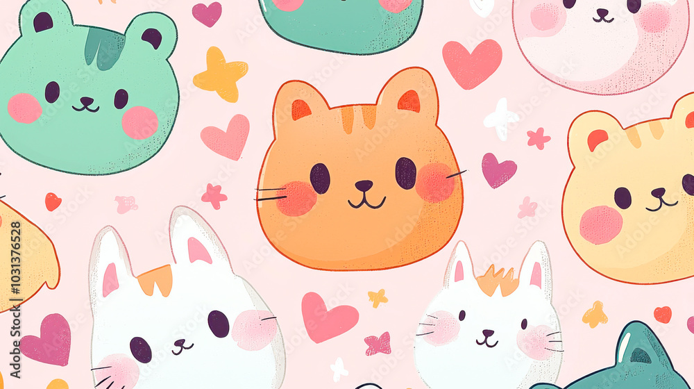 Fototapeta premium Cute flat pattern with cartoon cats and hearts on white background