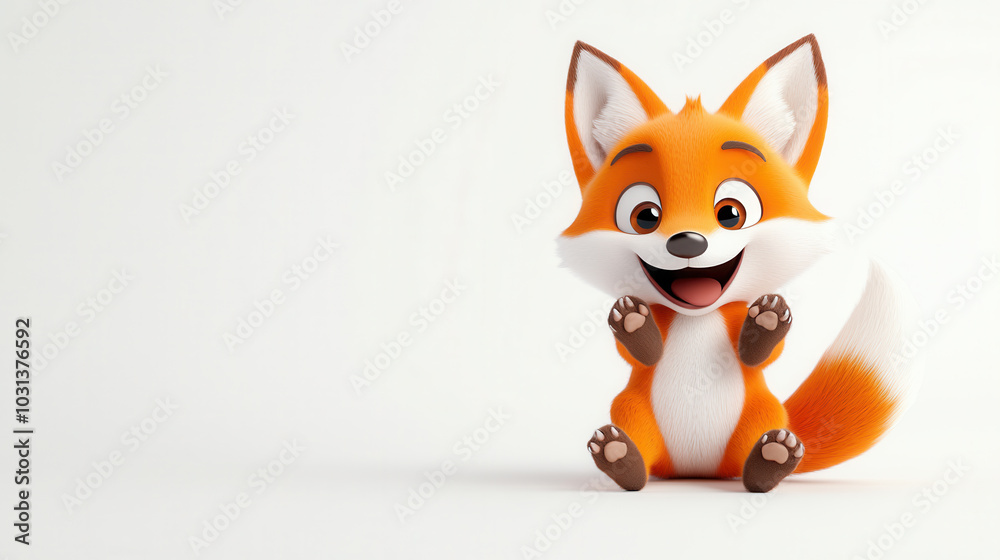 Cute cartoon style baby fox with joyful expression, sitting and waving its paws. This adorable character embodies playfulness and charm, perfect for childrens themes Cute cartoon style baby fox with joyful expression, sitting and waving its paws. This adorable character embodies playfulness and charm, perfect for childrens themes