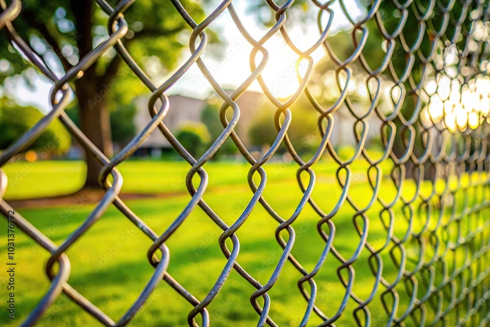 Fototapeta premium chain link fence in foreground with lawn and tree in background