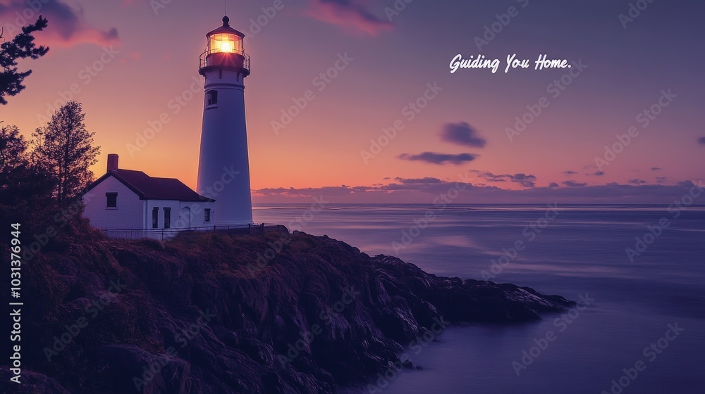 A scenic postcard showing a lighthouse standing tall on a rocky coastline at dusk, with dramatic lighting and the message A scenic postcard showing a lighthouse standing tall on a rocky coastline at dusk, with dramatic lighting and the message