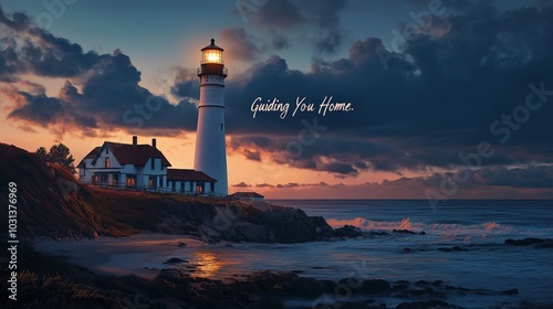 A scenic postcard showing a lighthouse standing tall on a rocky coastline at dusk, with dramatic lighting and the message "Guiding You Home."