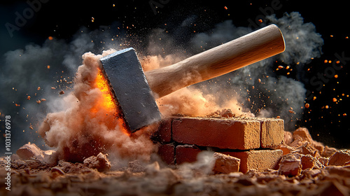 A hammer striking bricks, c...