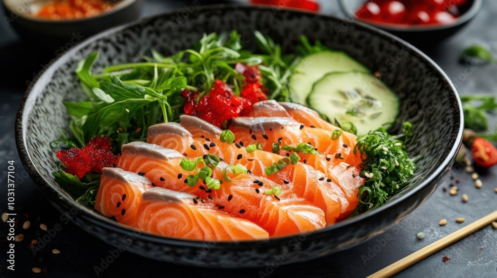 a black bowl filled with lots of different types of food a black bowl filled with lots of different types of food