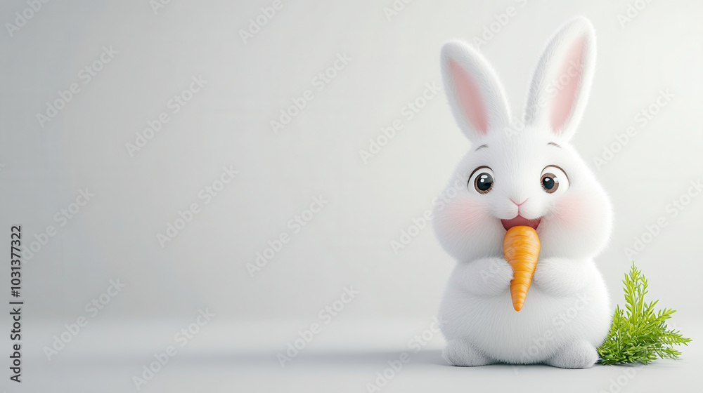 Obraz premium Cute cartoon style bunny munching on carrot, showcasing its fluffy white fur and big expressive eyes. This adorable character brings joy and playfulness to any setting