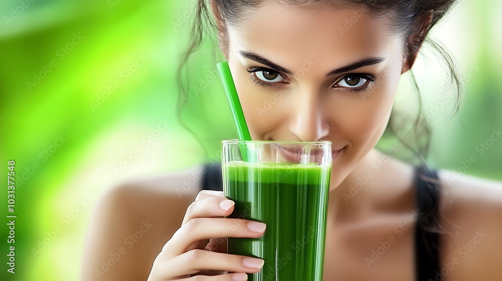 Woman Drinking Green Smoothie Outdoors Woman Drinking Green Smoothie Outdoors