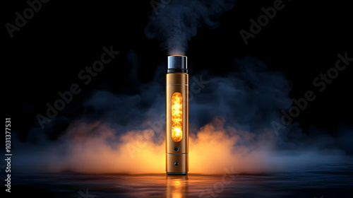 A vape device emitting smoke against a dark background.