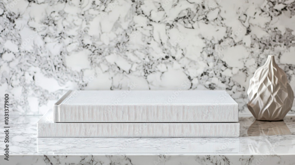 Elegant composition of white books and decorative vase on marble surface Elegant composition of white books and decorative vase on marble surface