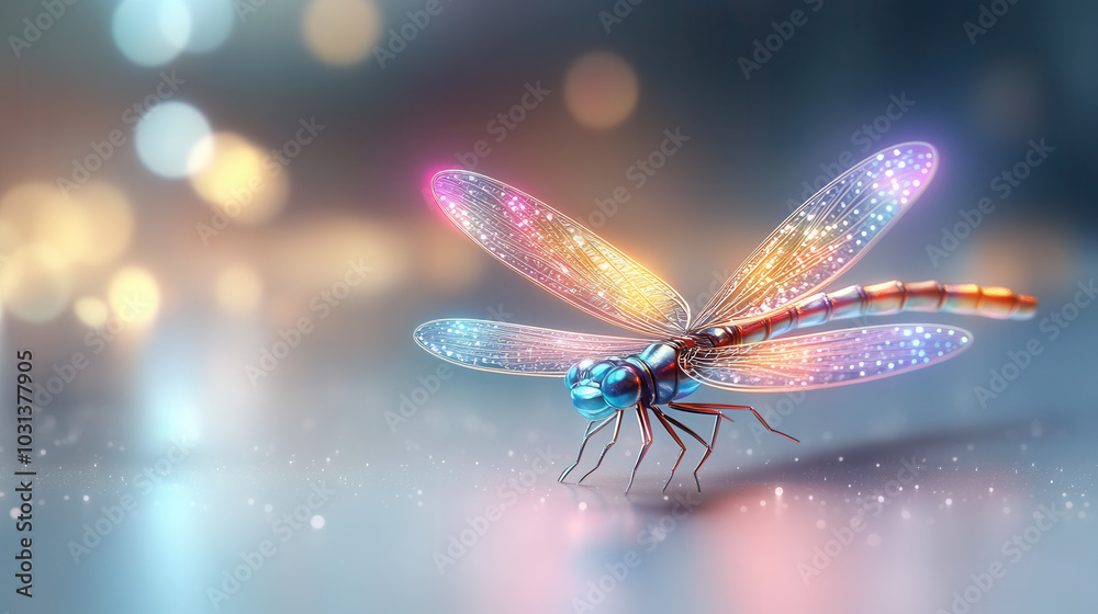 vibrant 3D cartoon style dragonfly buzzing in air, showcasing its colorful wings illuminated with sparkling lights. enchanting scene captures magical atmosphere vibrant 3D cartoon style dragonfly buzzing in air, showcasing its colorful wings illuminated with sparkling lights. enchanting scene captures magical atmosphere